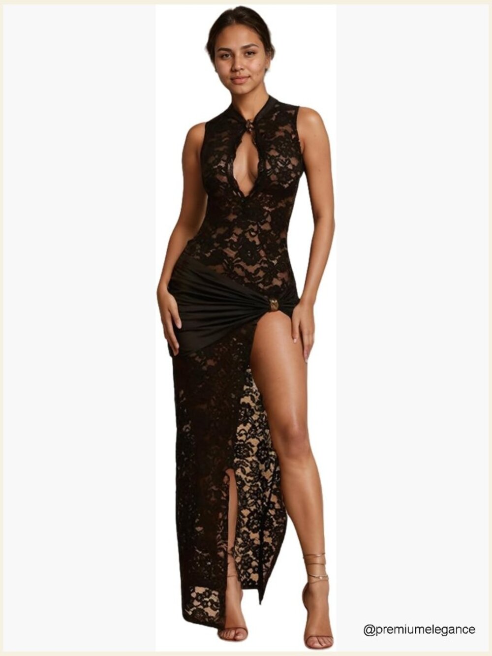 Lace Maxi Dress With High Slit Bodycon Sheer Night Out Wear Sleeveless Keyhole